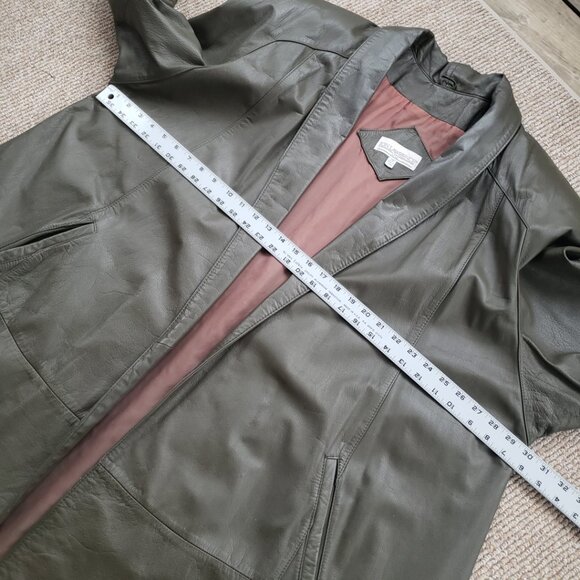 Vintage 80s Leather Swing Coat Women's 2X Olive Green - Picture 5 of 11